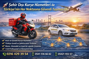 Türkiye geneline şehir dışı kurye hizmeti sunan motosikletli kurye, araç ve uçak destekli hızlı teslimat konsepti, İstanbul manzarası arka plan.