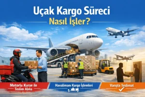 Motorlu kurye, havalimanı uçak kargo işlemleri ve varışta teslimat aşamalarını gösteren uçak kargo süreci görseli