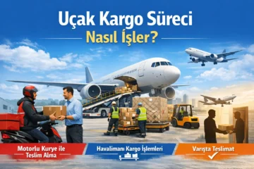 Motorlu kurye, havalimanı uçak kargo işlemleri ve varışta teslimat aşamalarını gösteren uçak kargo süreci görseli